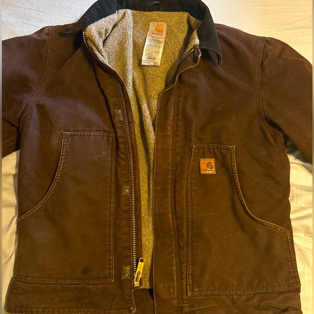 Men’s Small Carhartt Zip Up coat - lined- used, dark brown canvas